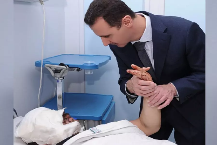 تسويق إعلامي رخيص ... مشاهد مزيفة للإرهابي "بشار الأسد" مع جرحى انفجار بيروت