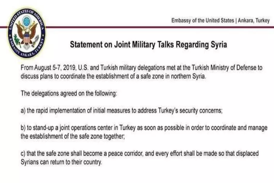 السفارة الأمريكية تؤكد الاتفاق حول "المنطقة الآمنة" شمال سوريا