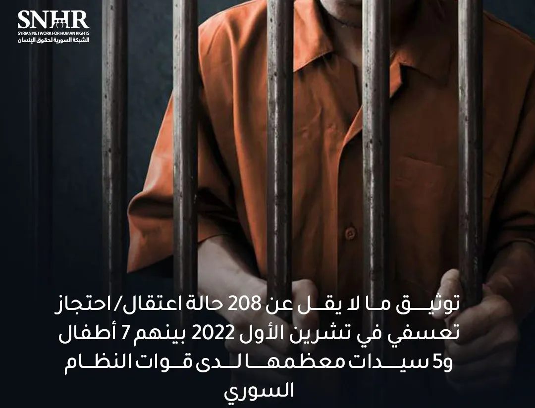تقرير حقوقي يوثق 208 حالة اعتقال تعسفي في تشرين الأول 2022