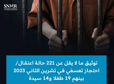 تقرير لـ "الشبكة السورية" يوثق 221 حالة اعتقال في تشرين الثاني 2023 