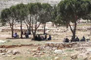 صورة تظهر مدنيين يختبئون ضمن الأحراش جراء قصف مدفعي لقسد على قرية أرض الأمل السكنية في 8 أيار 2024