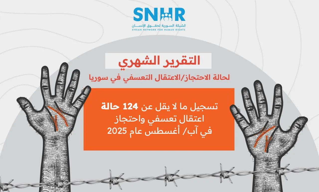 تقرير حقوقي: 124 حالة اعتقال تعسفي في سوريا خلال آب 2025