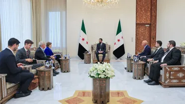 الرئيس الشرع في استقبال جين شاهين وجو ويلسون في قصر الشعب