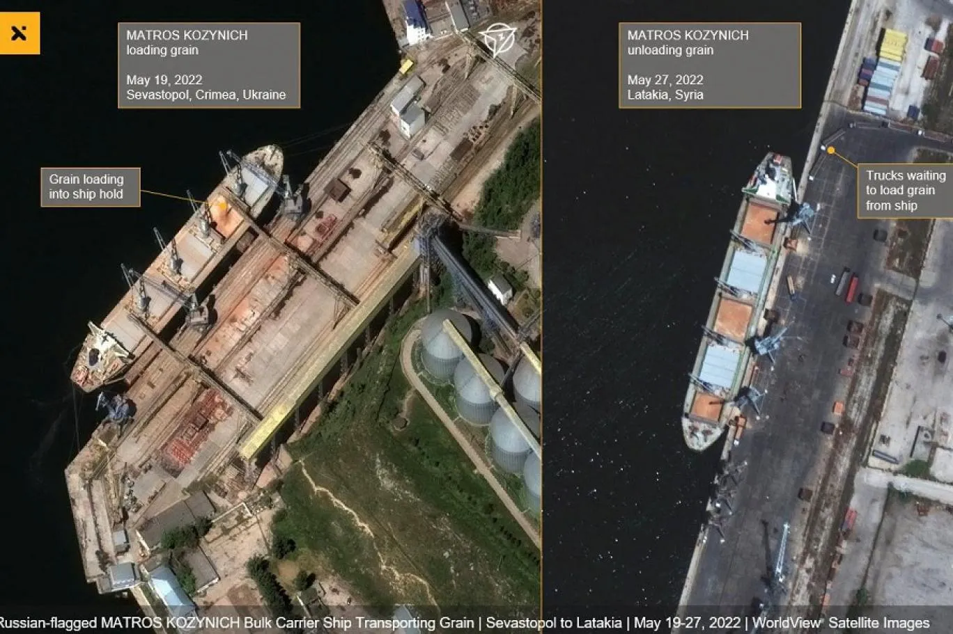 صور أقمار اصطناعية تكشف عن نقل روسيا شحنات من القمح الأوكراني المسروق إلى سوريا